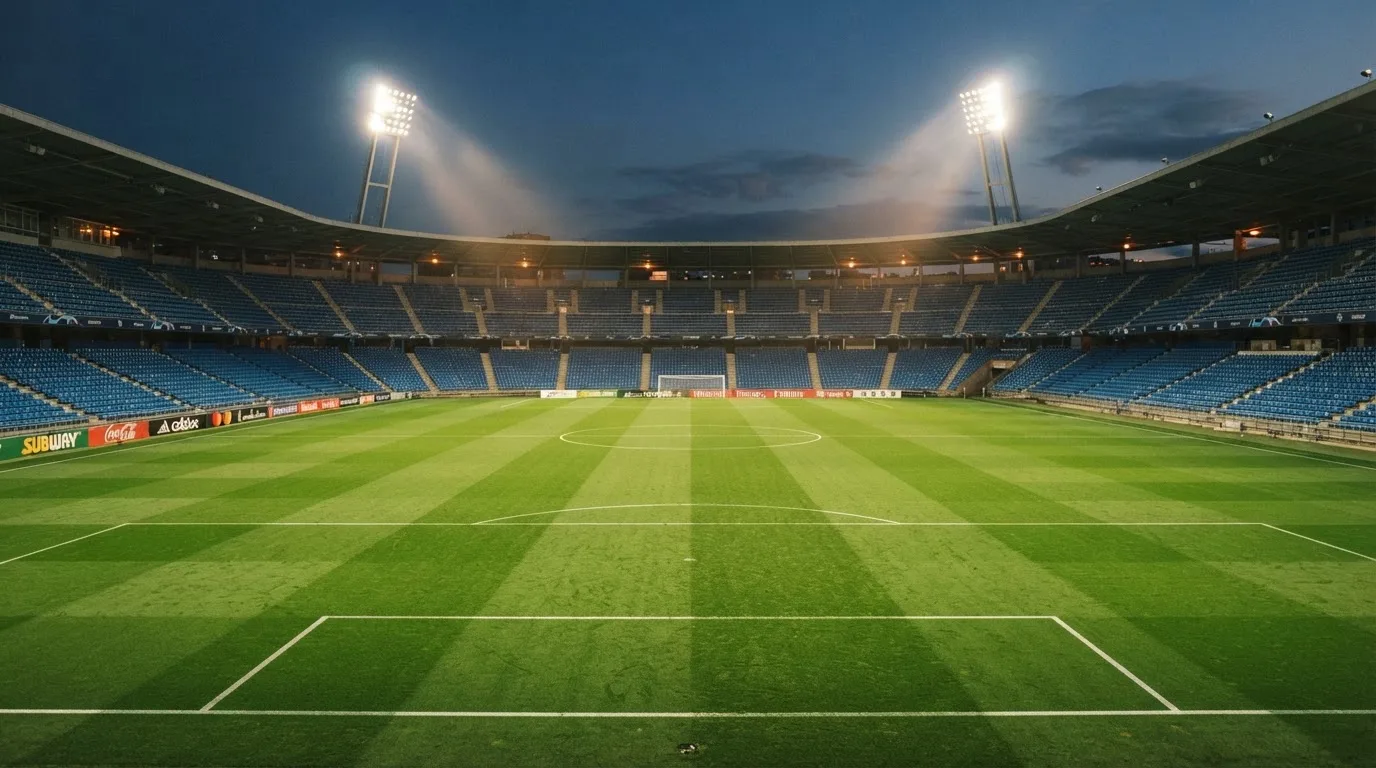 Eine leere Stadiontribüne unter Flutlicht aus der Ferne betrachtet, die Rasenfläche leuchtet grün in der Dämmerung.
