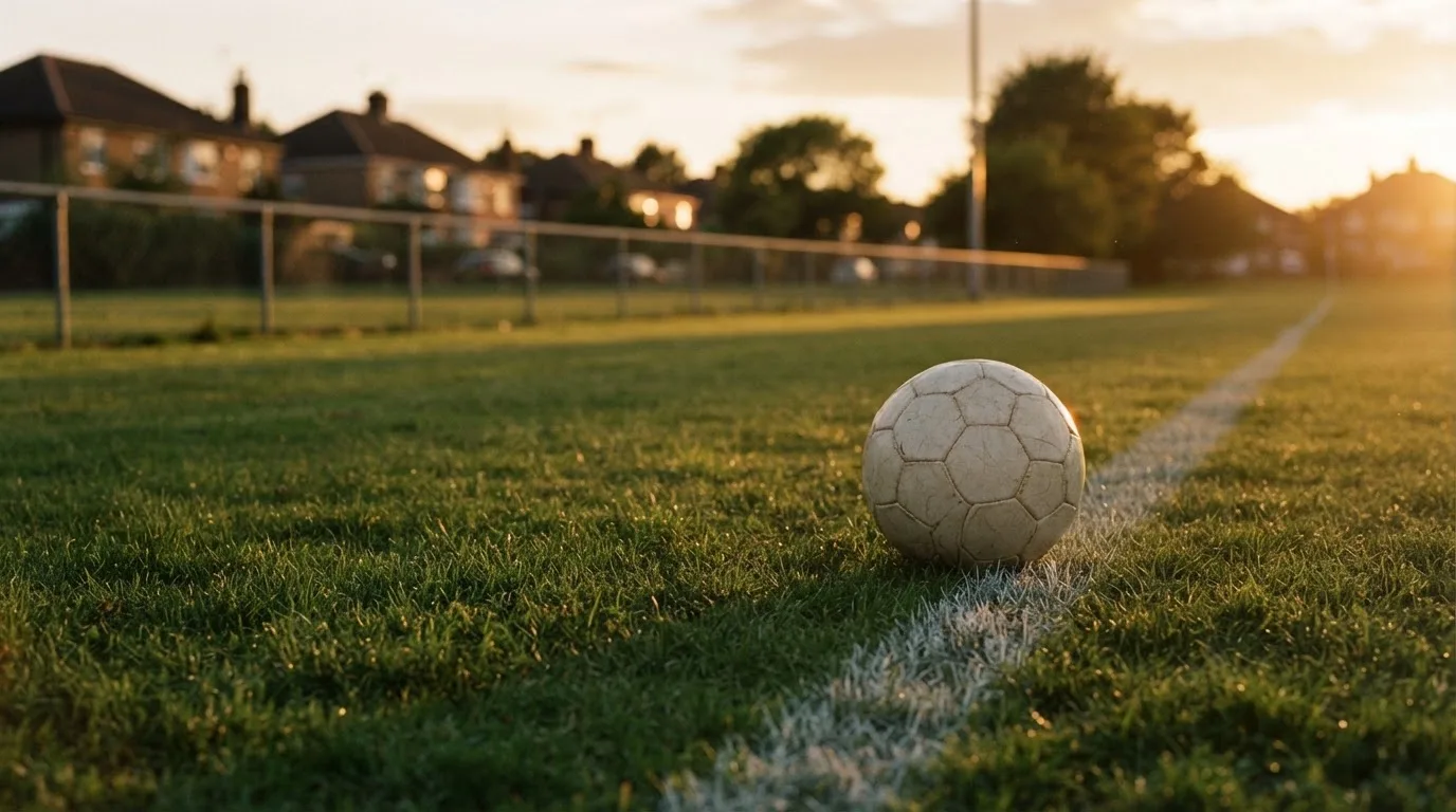 Ein Fußball liegt am Rand eines Rasens neben einer weißen Linie, im Hintergrund ein Zaun in der Abendsonne.
