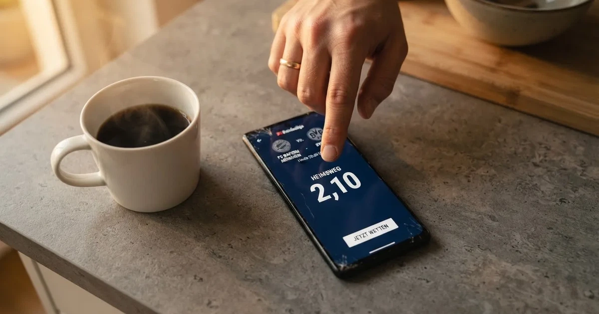 Ein Daumen schwebt über einem Smartphone mit dunklem Display, das auf einem Küchentisch neben einer Tasse liegt.