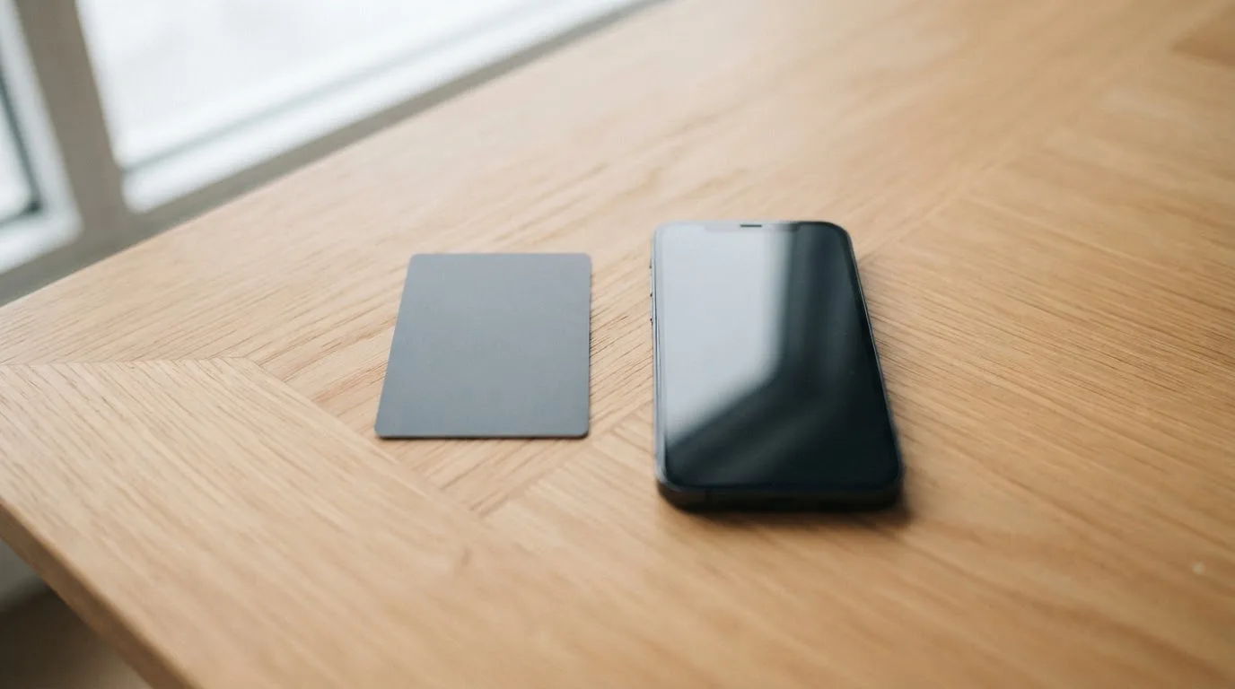 Eine Bankkarte ohne Aufdruck liegt neben einem Smartphone mit dunklem Display auf einem Holztisch.