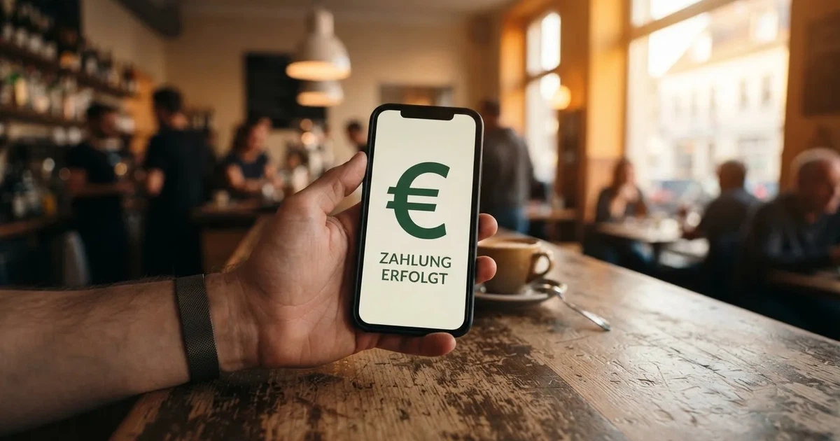 Eine Hand hält ein Smartphone dicht an ein Kartenlesegerät ohne erkennbare Beschriftung in einem Café.