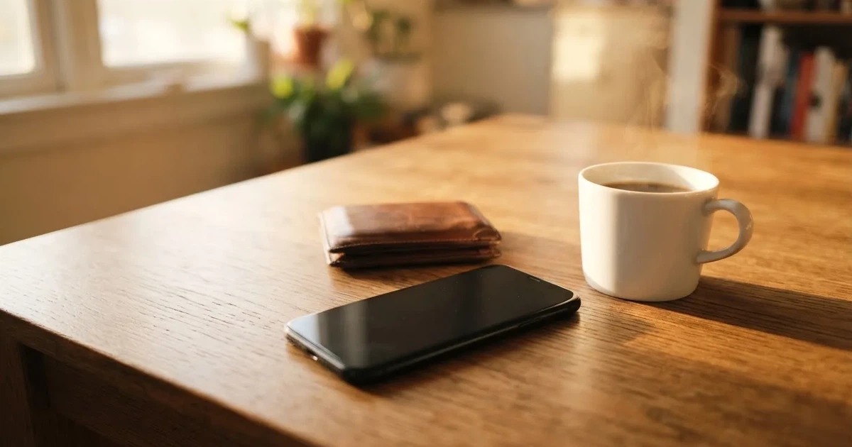 Ein Smartphone mit dunklem Display liegt auf einem Tisch neben einer Geldbörse und einer Tasse Kaffee.