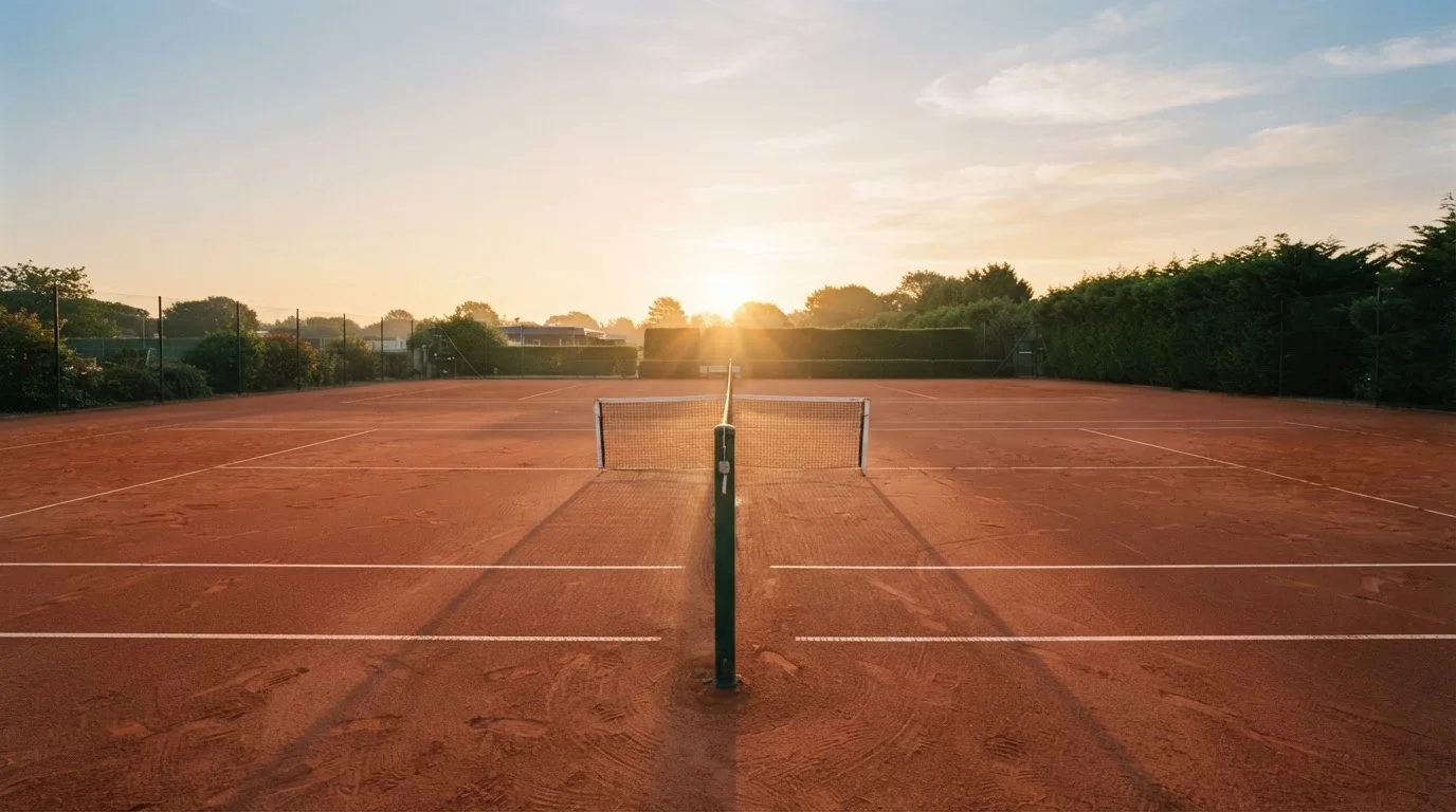 Ein Tennisplatz aus Sand bei Sonnenaufgang, das Netz im Gegenlicht, kein Mensch zu sehen.