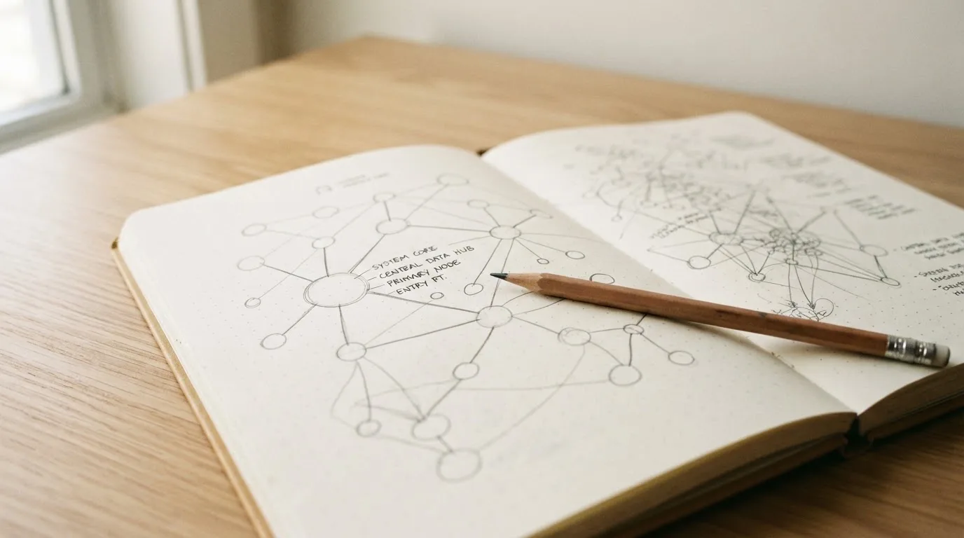 Ein Notizbuch mit handgezeichneten Knoten und Linien liegt neben einem Bleistift auf einem Schreibtisch.