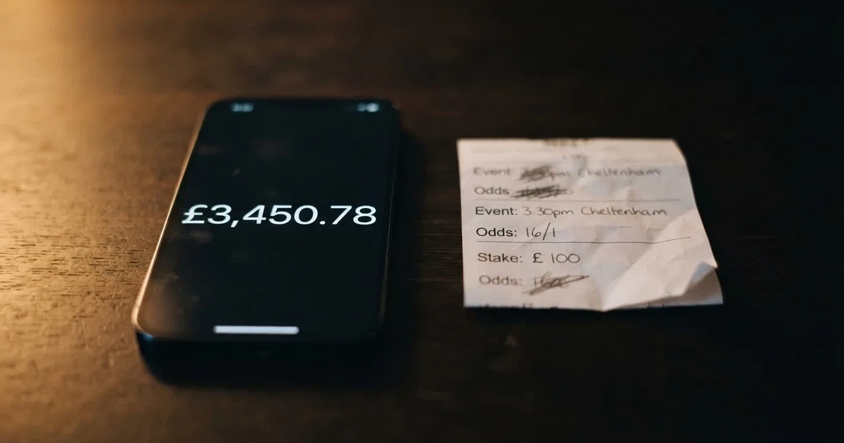 Eine einzelne goldfarbene Münze ohne Prägung liegt auf einem dunklen Tisch, daneben ein ausgeschaltetes Smartphone.