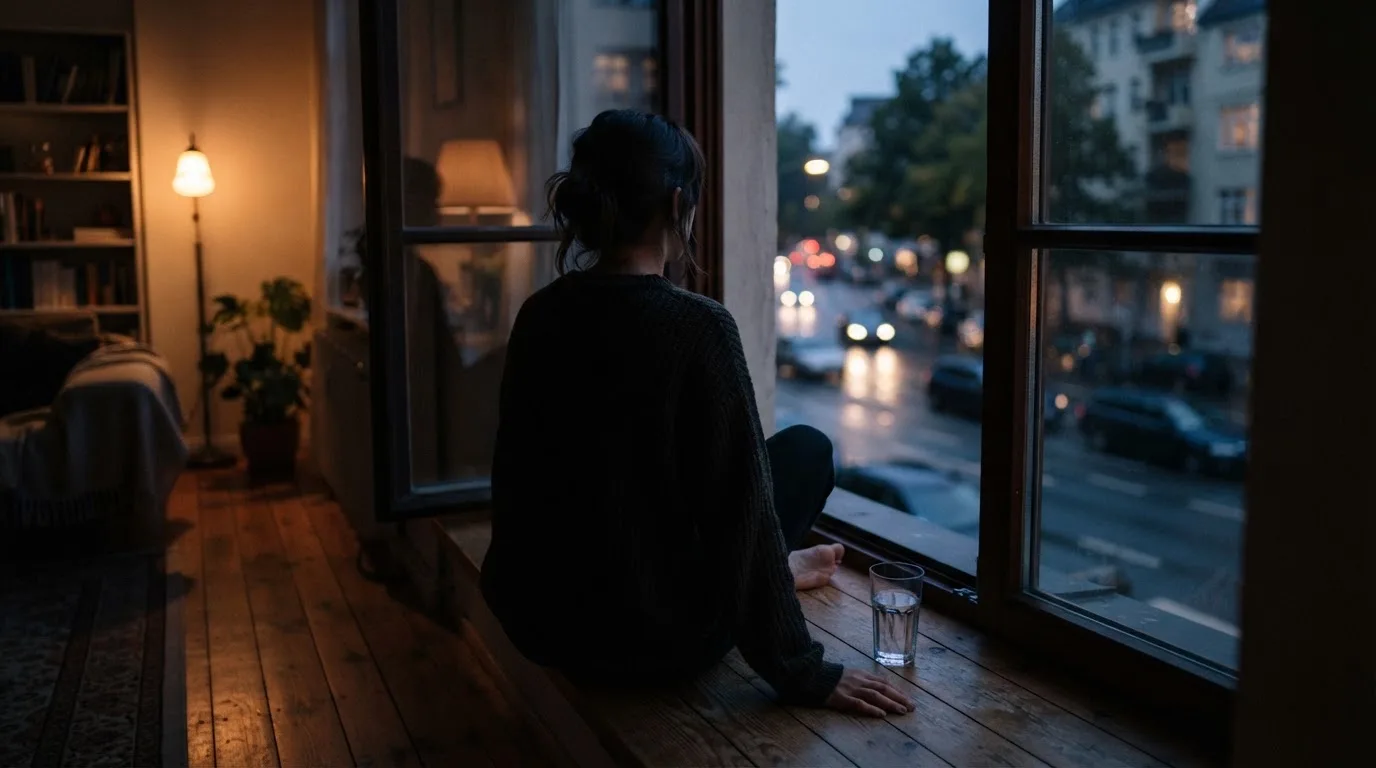 Die Silhouette einer Person sitzt am Abend am Fenster und blickt auf eine Straße, auf dem Fensterbrett steht ein Glas Wasser.