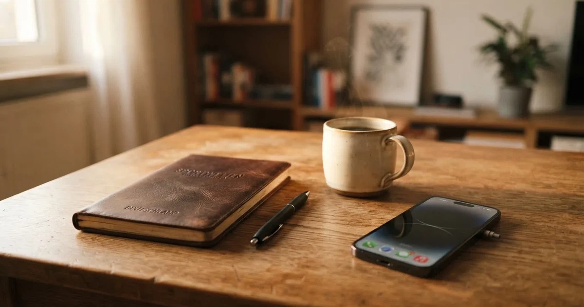 Ein Holzschreibtisch im Morgenlicht mit geschlossenem Notizbuch, Kugelschreiber und Kaffeetasse, daneben ein Smartphone mit dunklem Bildschirm.
