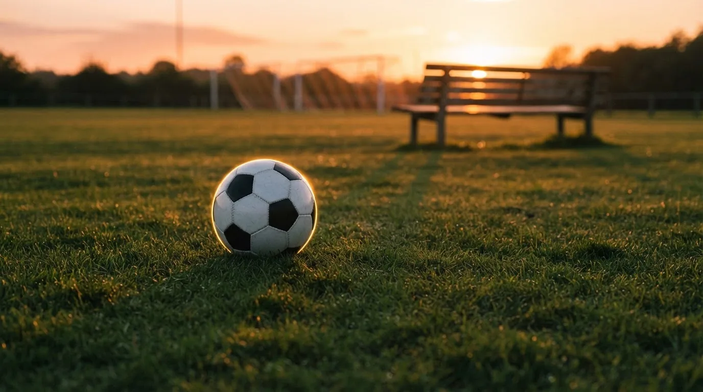 Ein Fußball auf einem Rasenplatz im Gegenlicht der tiefstehenden Sonne, am Spielfeldrand eine leere Ersatzbank.