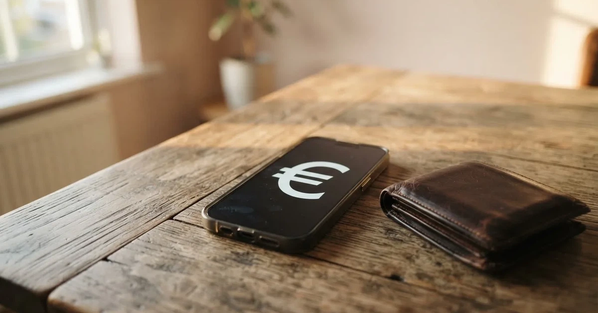 Ein Smartphone mit dunklem Bildschirm liegt neben einer Geldbörse und wenigen Münzen auf einem Holztisch im weichen Fensterlicht.