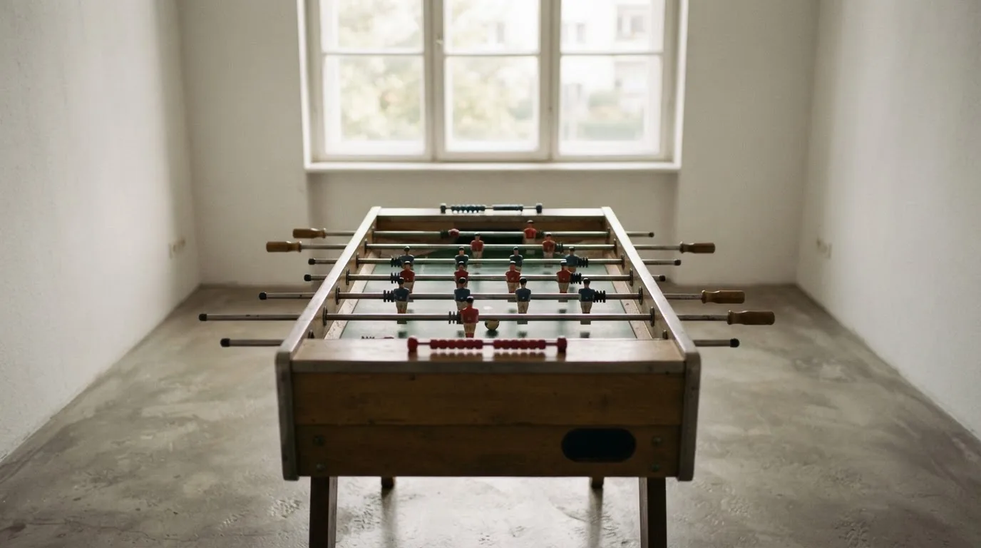 Ein Tischkicker in einem leeren Raum, die Spielfiguren in Reihe, Tageslicht fällt durch ein großes Fenster.