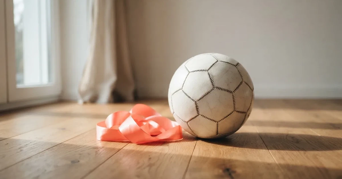 Ein Geschenkband liegt neben einem Fußball auf einem Holzboden, gedämpftes Licht fällt von einem Fenster herein.