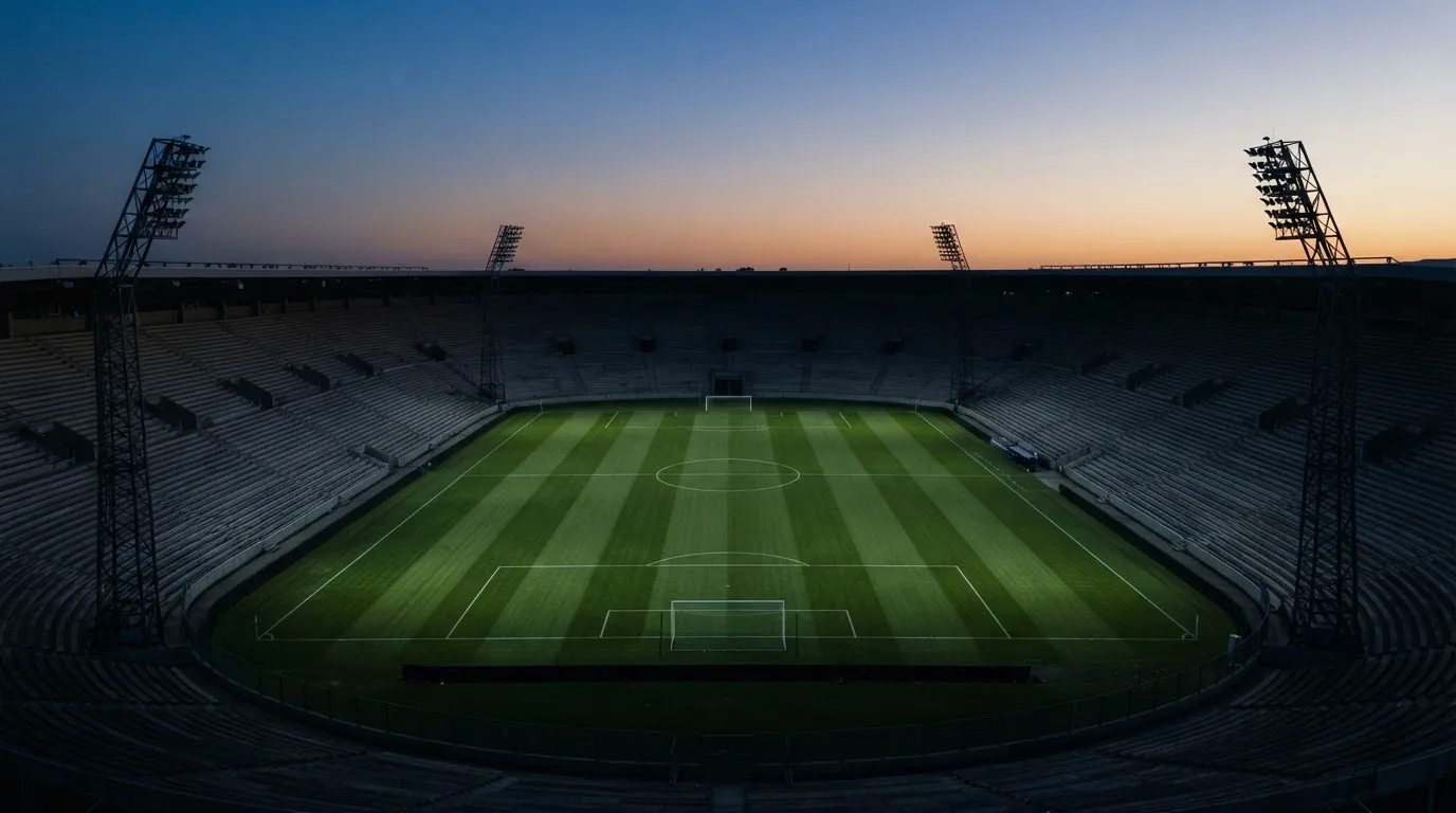 Ein Fußballplatz am Abend aus der Vogelperspektive, Flutlichtmasten ausgeschaltet, die Rasenlinien deutlich sichtbar.