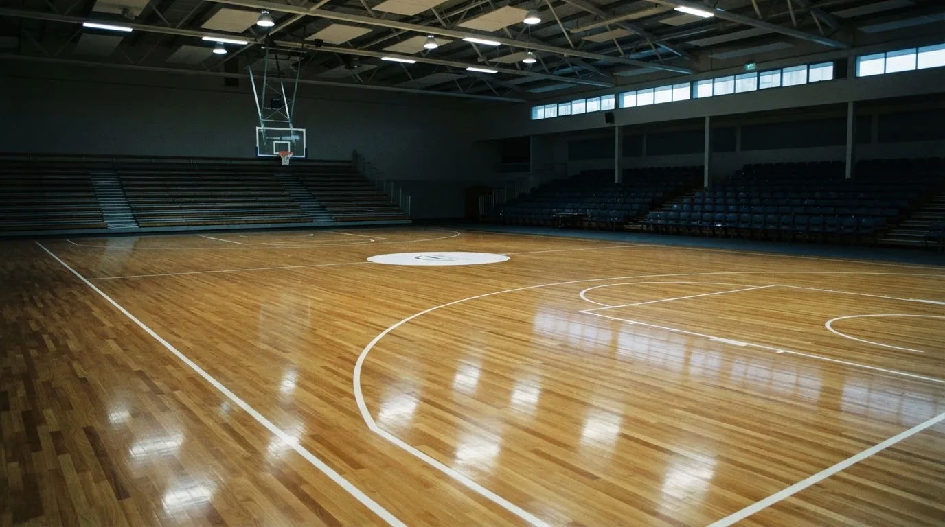Ein Basketballfeld in einer leeren Halle, das Parkett spiegelt das Licht der Deckenlampen.