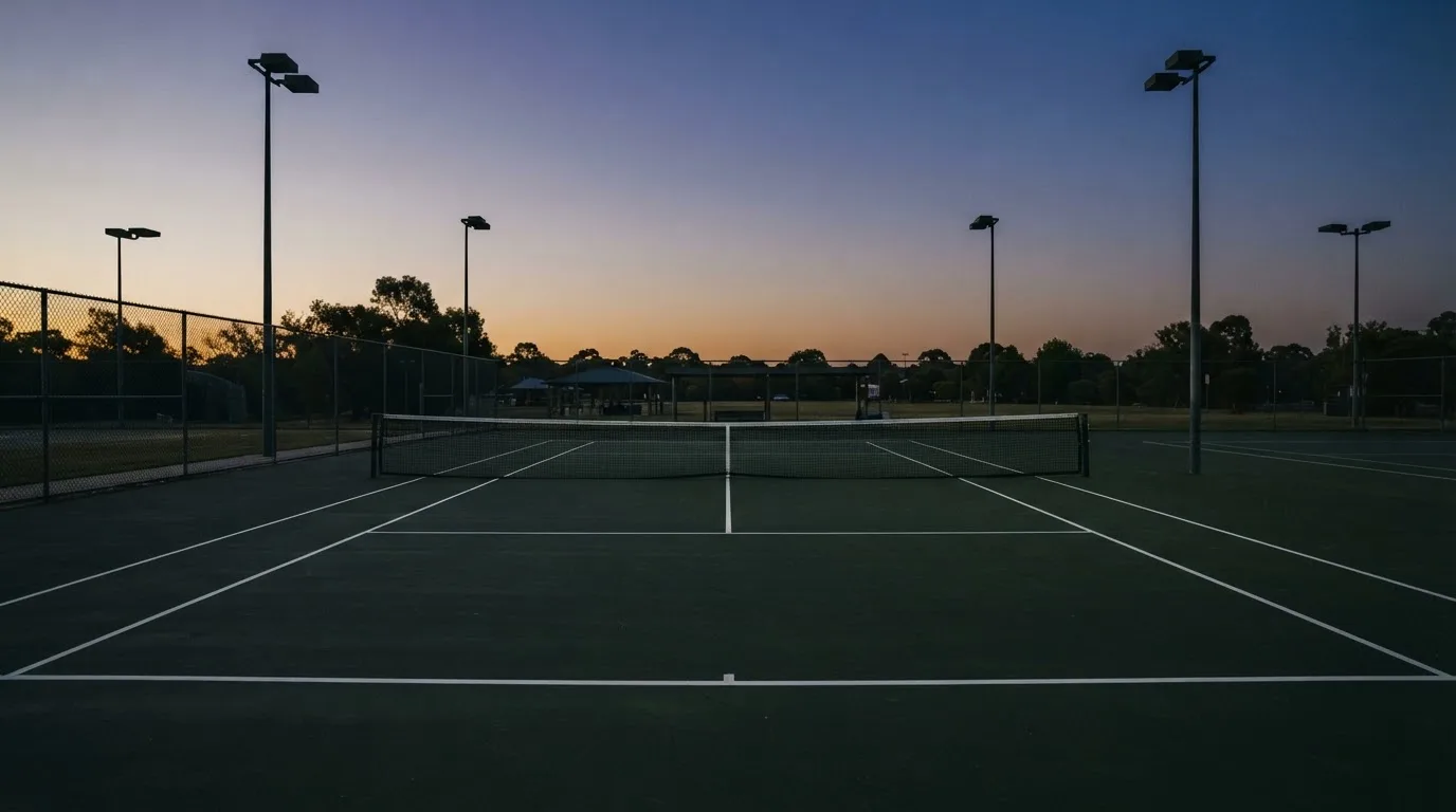Ein Tennisplatz in der Dämmerung, Netz und Linien im Zwielicht, ohne Menschen und mit ruhigem Himmel.