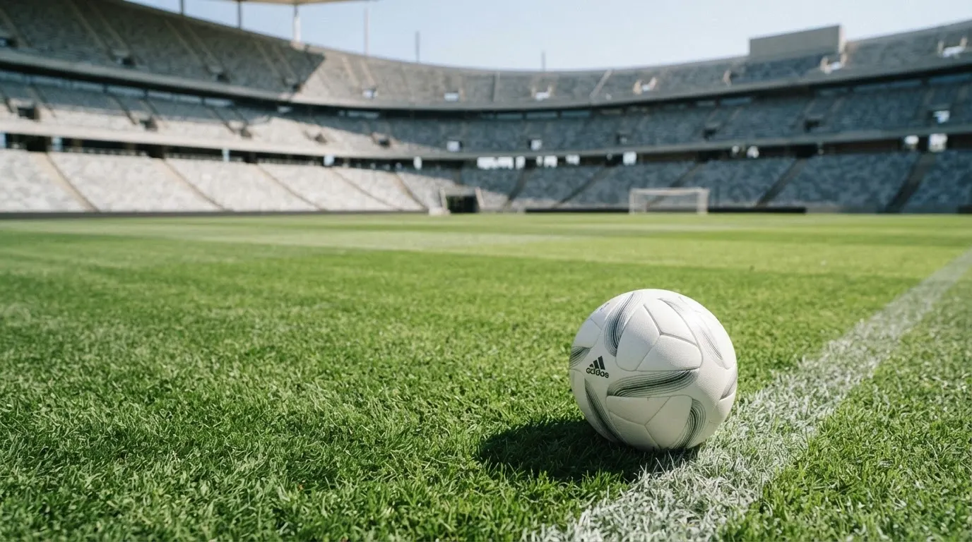 Ein Fußball liegt am Spielfeldrand eines Rasenplatzes, im Hintergrund eine leere Tribüne unter hellem Himmel.