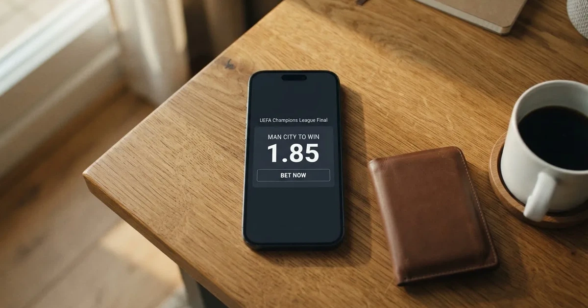Ein Smartphone mit dunklem Bildschirm liegt auf einem Holztisch neben einem Portemonnaie und einer Kaffeetasse im Fensterlicht.