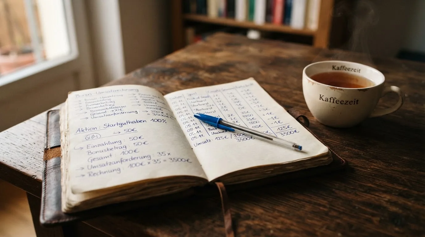 Ein Notizbuch mit handgeschriebenen Rechnungen und ein Taschenrechner auf einem Schreibtisch neben einer Teetasse.