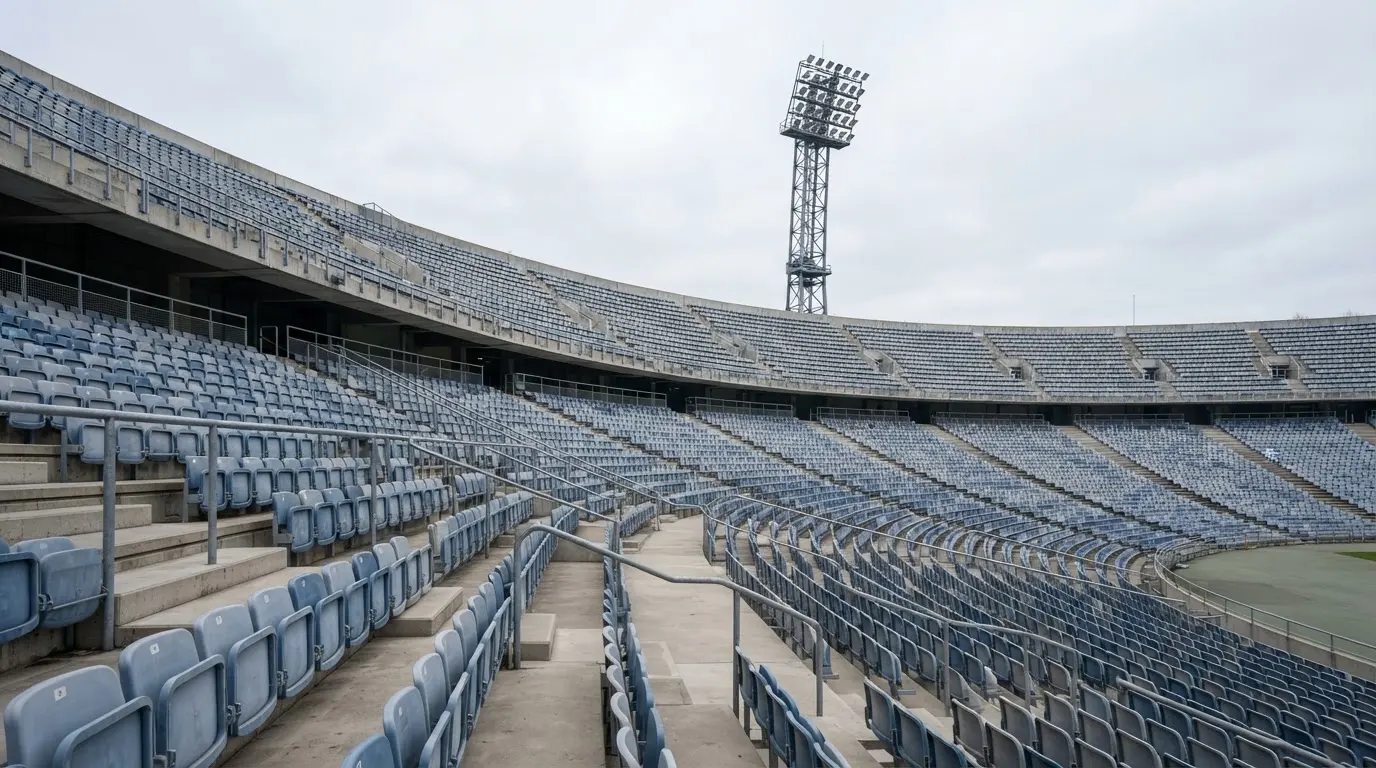 Eine leere Tribüne eines Fußballstadions bei Tageslicht, Sitzschalen in Reihen und dahinter ein Flutlichtmast.
