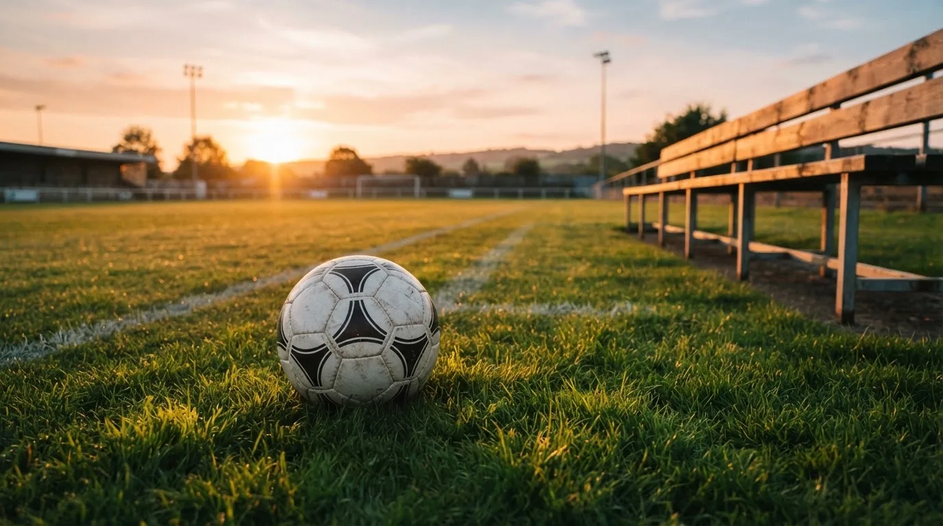 Ein Fußball auf einem Rasenplatz im Gegenlicht der tiefstehenden Sonne, am Rand eine leere Ersatzbank.