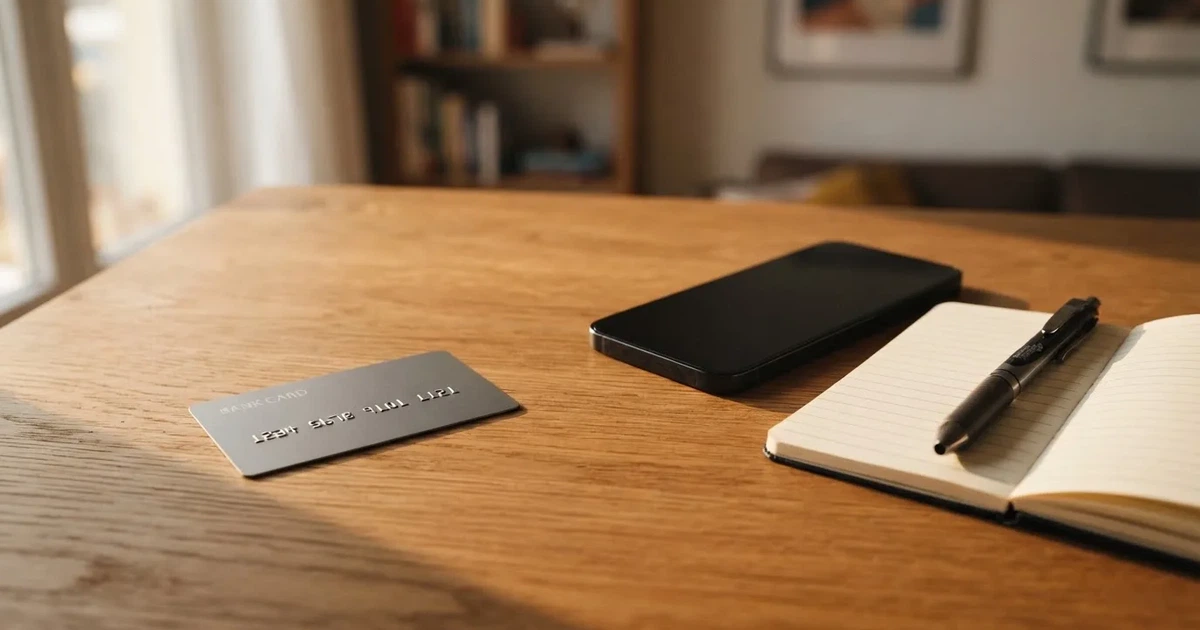 Eine Plastikkarte ohne Aufdruck liegt auf einem Holztisch neben einem Smartphone mit dunklem Bildschirm und einem Notizbuch.