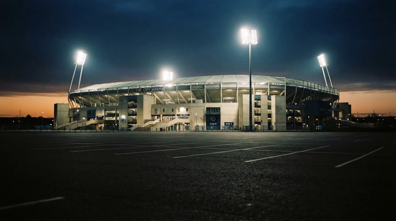 Ein Stadion unter Flutlicht aus der Ferne gesehen, davor ein leerer Parkplatz in der Dämmerung.