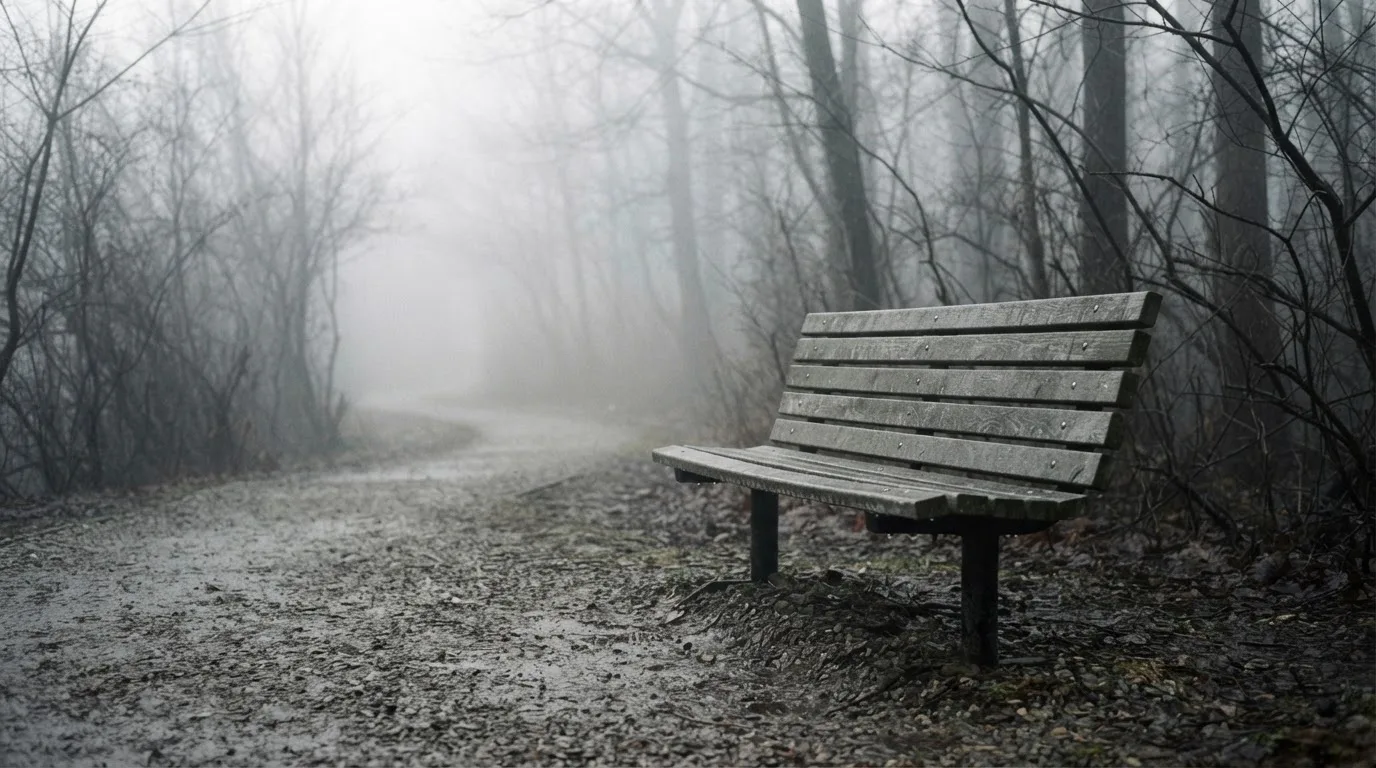 Eine Parkbank im Nebel am frühen Morgen, ein leerer Weg führt zwischen kahlen Bäumen davon.