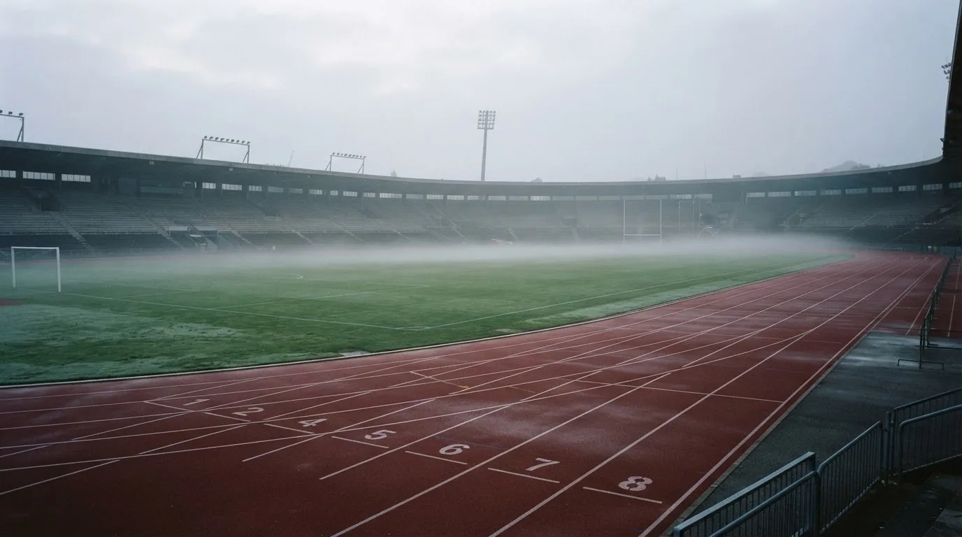 Eine leere Laufbahn in einem Stadion am frühen Morgen, Nebel über dem Rasen im Innenraum.