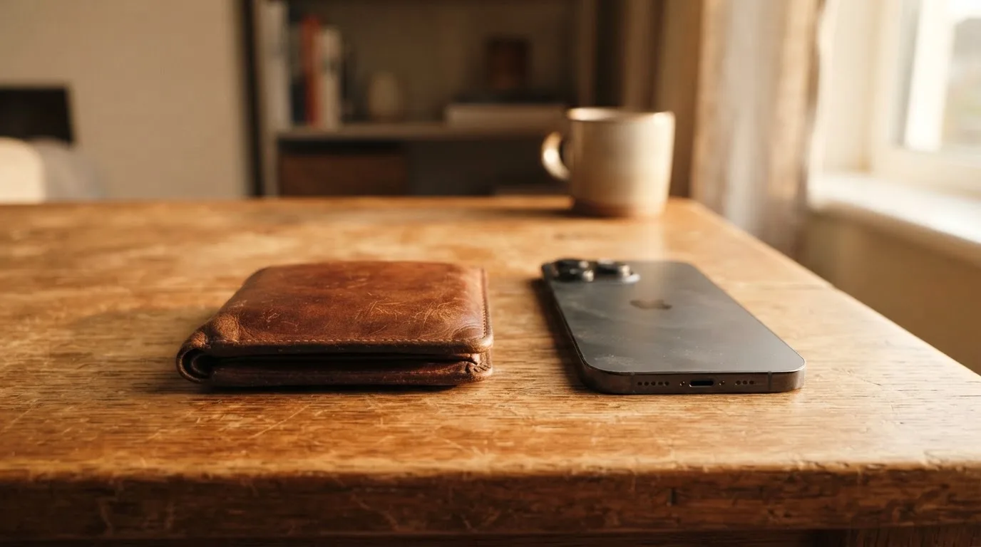 Eine Geldbörse aus Leder liegt geschlossen auf einem Tisch neben einem Smartphone mit dunklem Bildschirm.