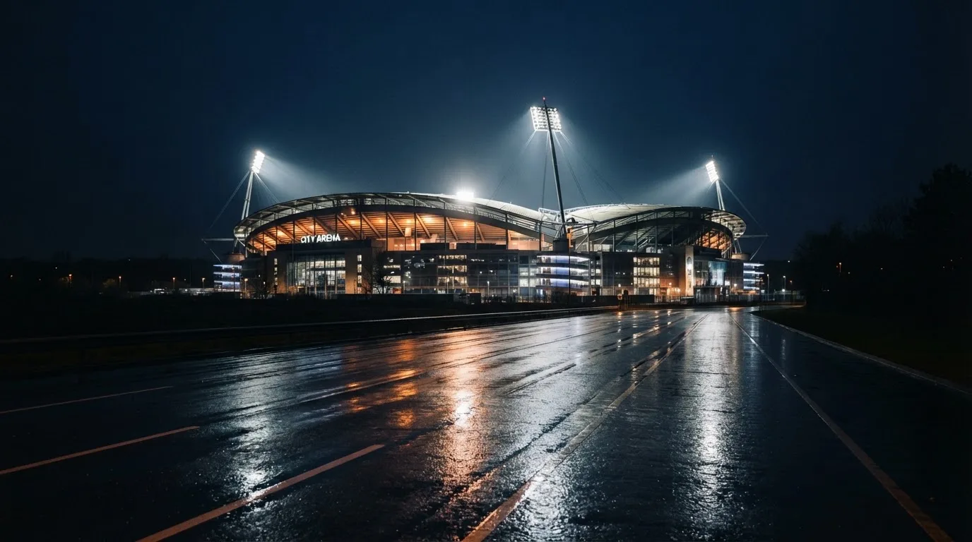 Ein Stadion unter Flutlicht aus der Ferne gesehen, davor eine nasse Straße mit Spiegelungen der Lichter.
