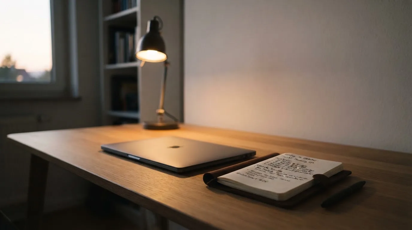 Ein Schreibtisch mit Lampe und geschlossenem Laptop in einem ruhigen Büro bei Abendlicht.