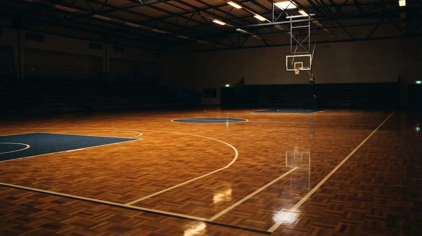 Ein Basketballfeld in einer leeren Halle, das Parkett spiegelt das Deckenlicht.