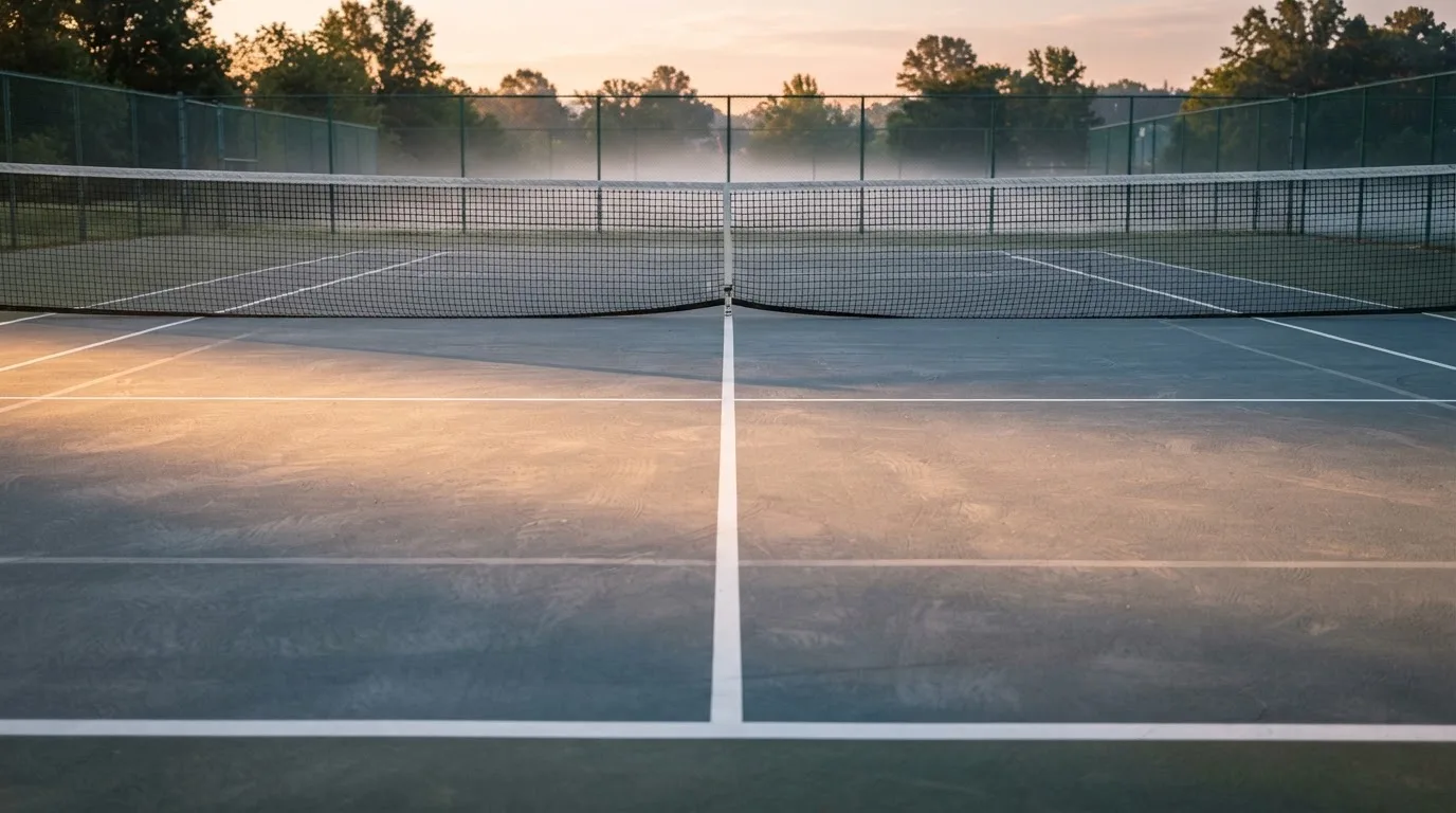 Ein Tennisplatz bei Sonnenaufgang, Netz und Linien im Streiflicht, ohne Menschen.