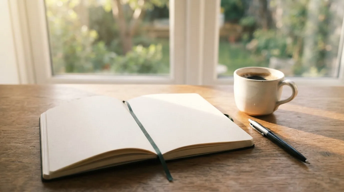 Ein aufgeschlagenes leeres Notizbuch mit Kugelschreiber neben einer Tasse Kaffee auf einem Tisch am Fenster.