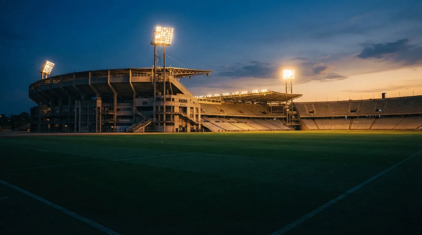 Ein Stadion unter Flutlicht aus der Ferne gesehen, im Vordergrund ein leeres Feld in der Dämmerung.