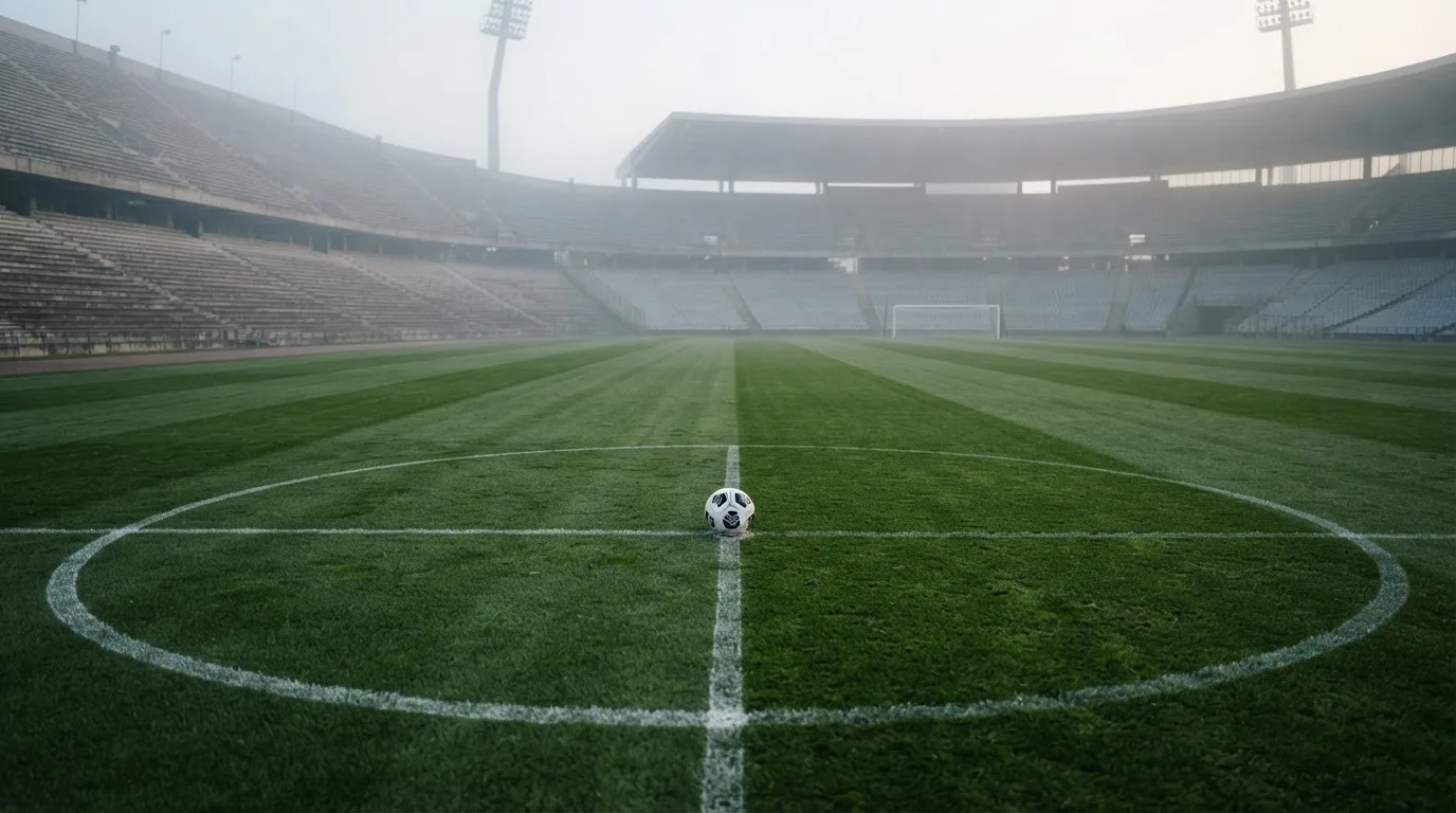 Ein Fußball liegt auf dem Anstoßpunkt eines leeren Rasenplatzes, im Hintergrund hängt Morgendunst über den Tribünen.