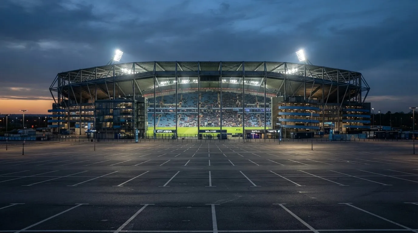Ein Fußballstadion unter Flutlicht, aus großer Entfernung bei Einbruch der Dunkelheit gesehen, davor ein leerer Parkplatz.