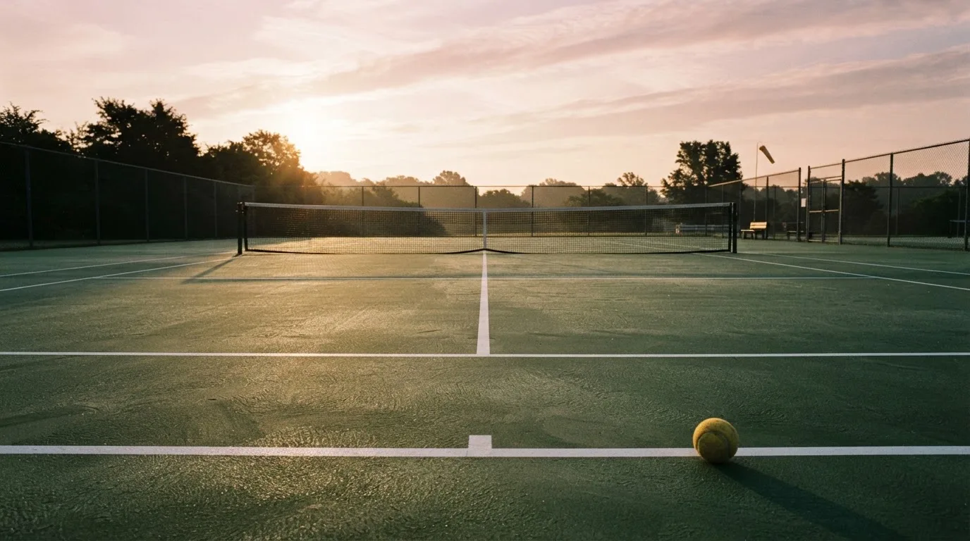 Ein Tennisplatz bei Sonnenaufgang, die Linien noch taufeucht, ein einzelner Ball liegt an der Grundlinie.