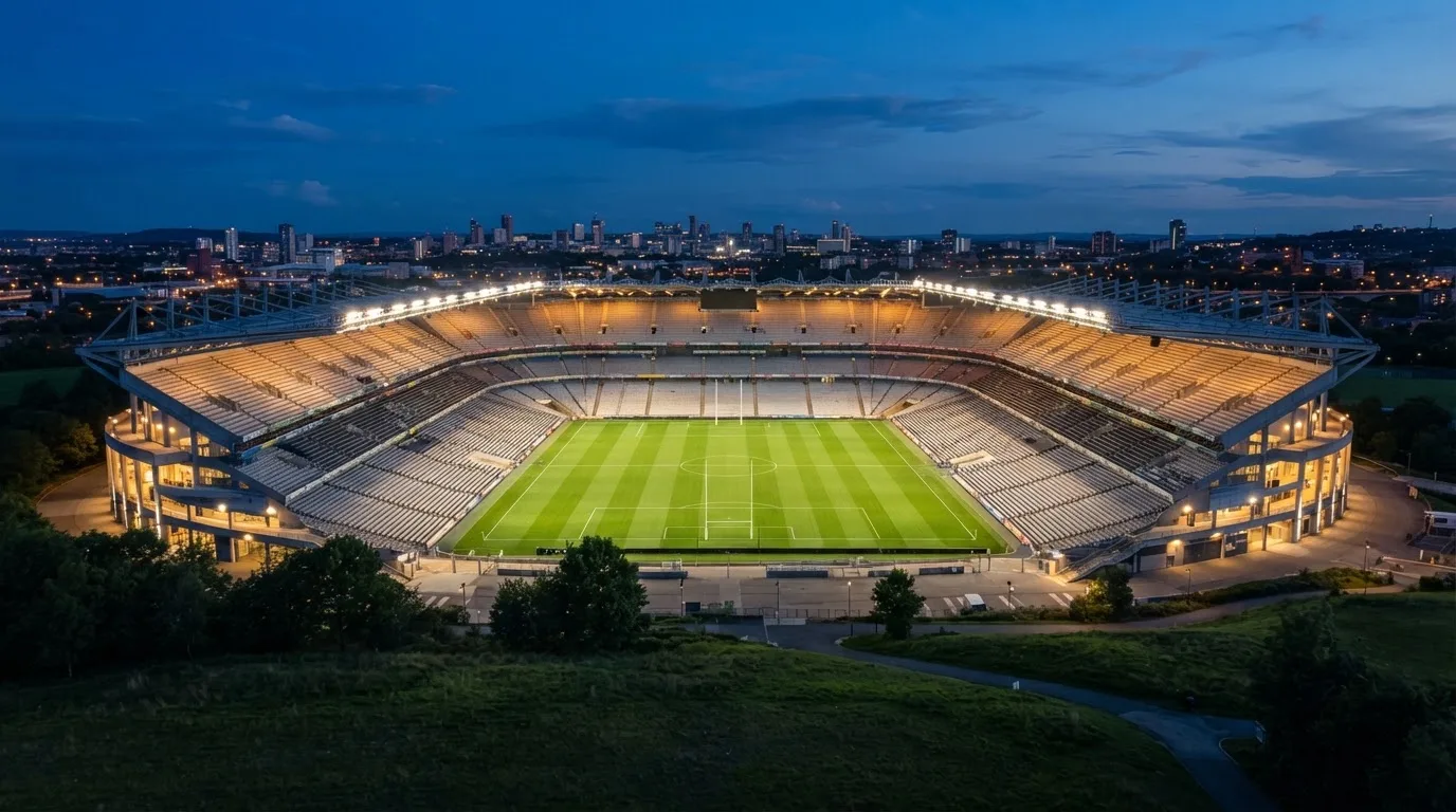 Ein leeres Stadion mit hell erleuchteten Rängen in der Abenddämmerung, von einem Hügel aus fotografiert.