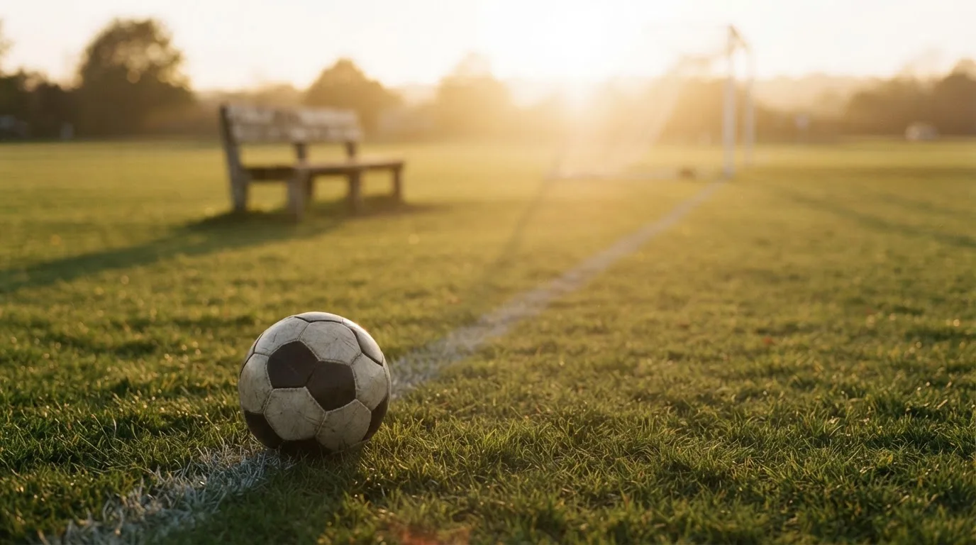 Ein Fußball liegt im Gras am Spielfeldrand, dahinter eine leere Bank und ein Tor im Gegenlicht.