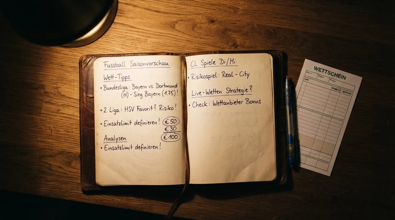 Ein Notizbuch mit handschriftlichen Notizen liegt aufgeschlagen neben einem leeren Papier-Wettschein auf einem Holztisch.