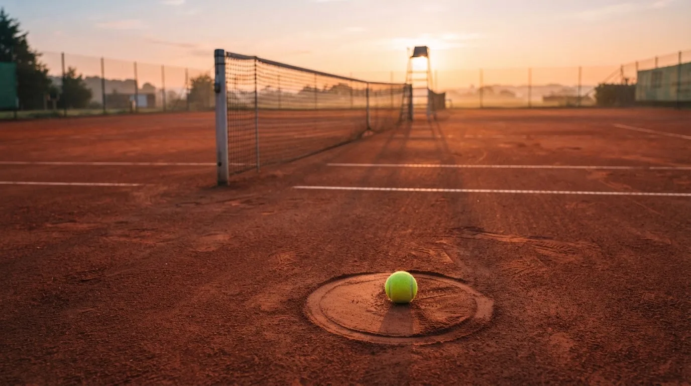 Ein Tennisball liegt auf einem roten Sandplatz bei Sonnenaufgang, im Hintergrund ein leerer Schiedsrichterstuhl.