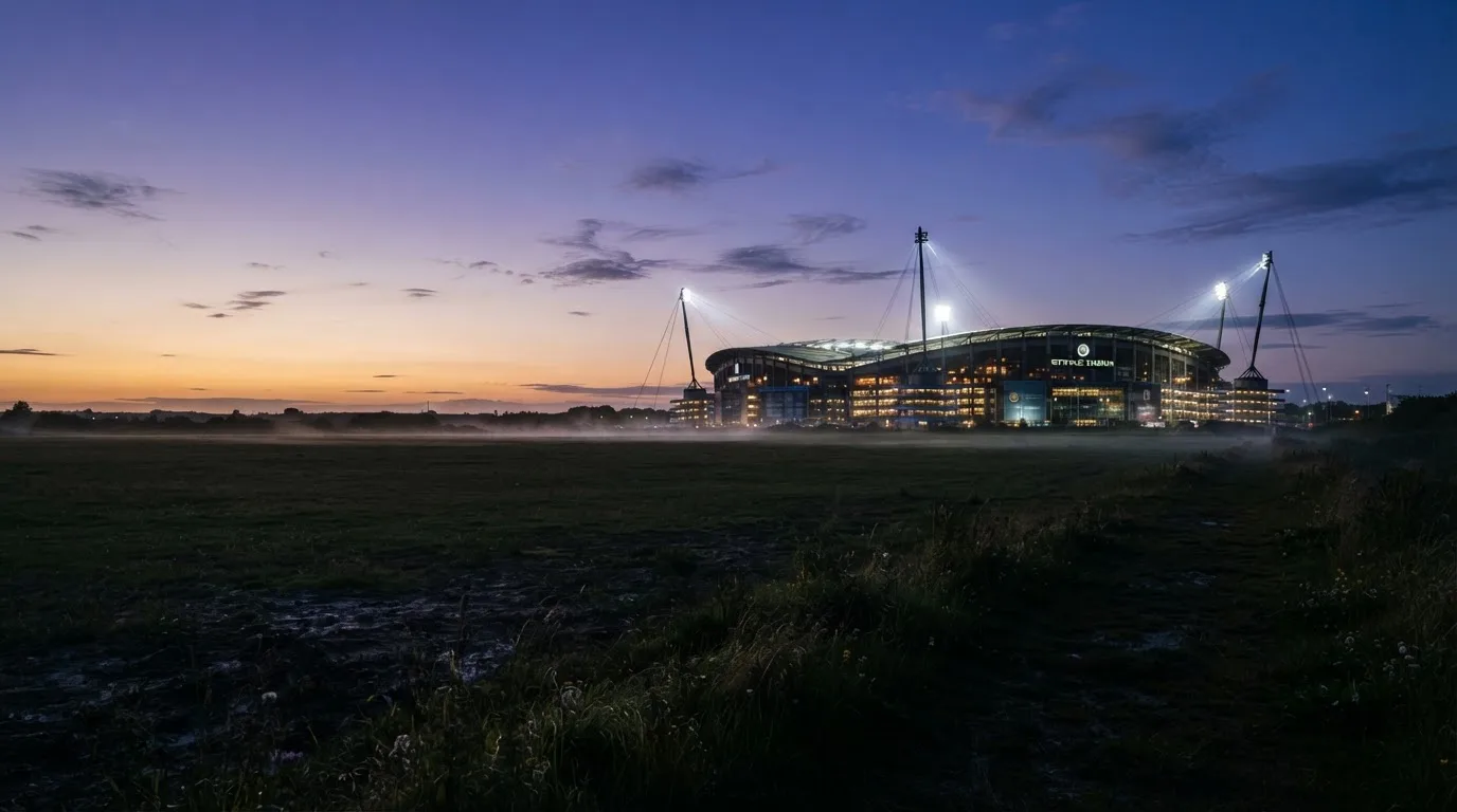Ein Stadion unter Flutlicht aus der Ferne, davor ein stilles Feld im Dämmerlicht.