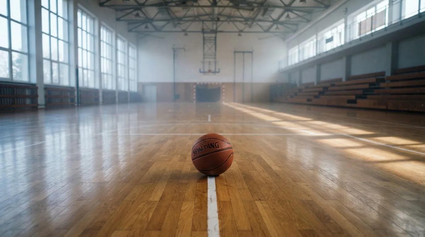 Ein Basketball liegt auf dem Parkett einer leeren Halle, Licht fällt durch hohe Fenster.