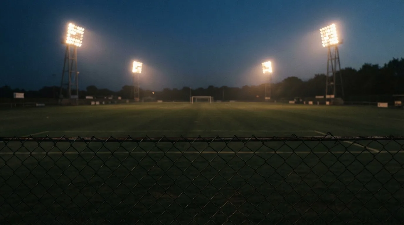 Eine Flutlichtanlage über einem leeren Sportplatz am Abend, im Vordergrund ein Maschendrahtzaun.