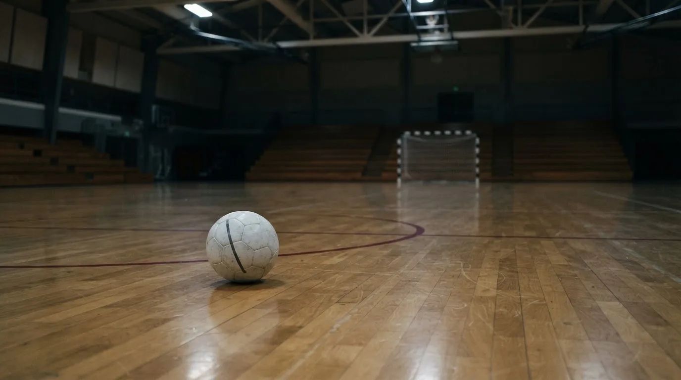 Ein Handball liegt in einer leeren Halle auf dem Boden vor dem Tor.