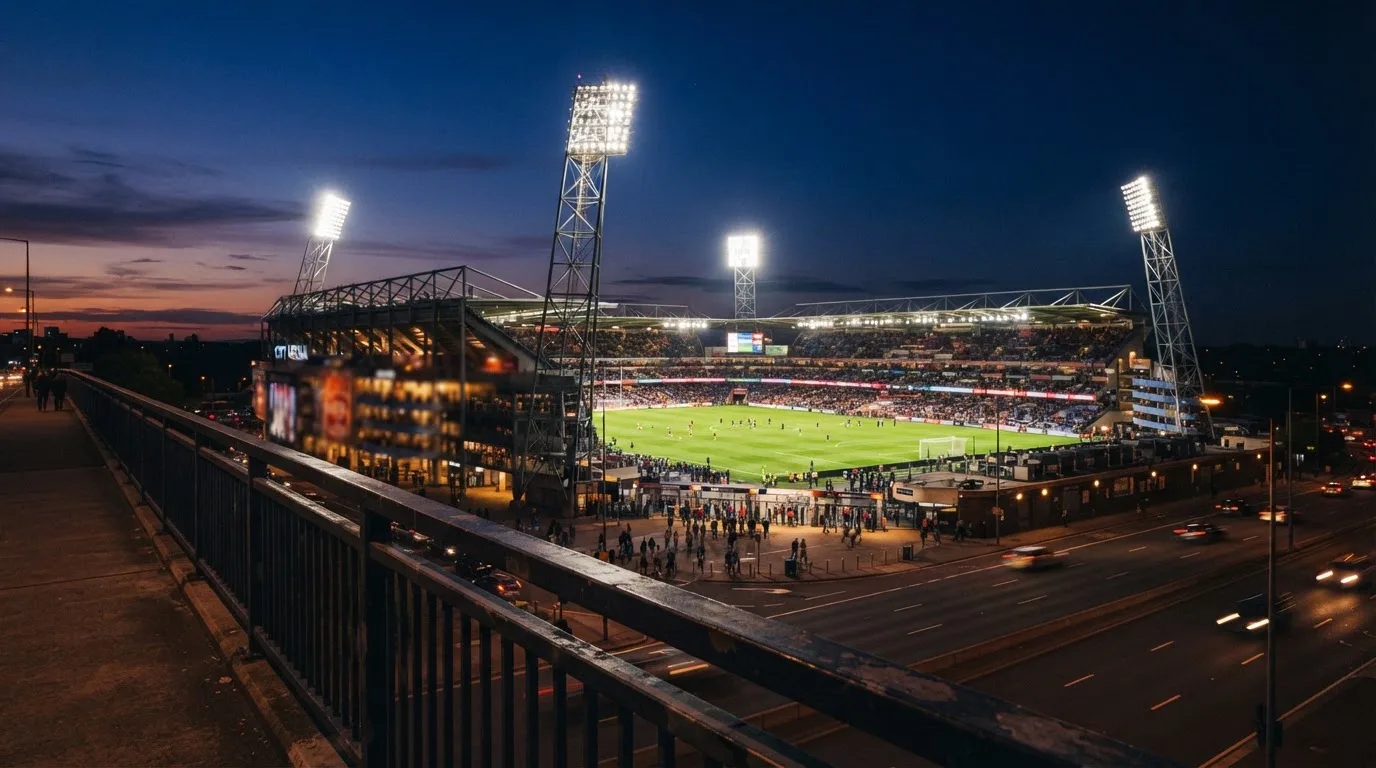Ein Stadion bei Dämmerung mit eingeschalteten Flutlichtmasten, von einer Brücke aus aufgenommen.