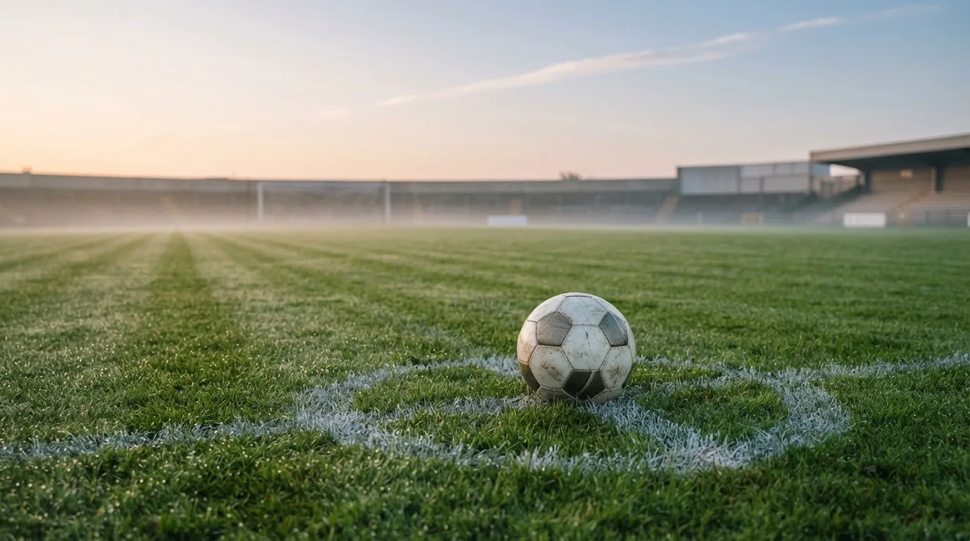 Ein Fußball liegt auf dem Anstoßkreis eines leeren Rasenplatzes im frühen Morgenlicht.