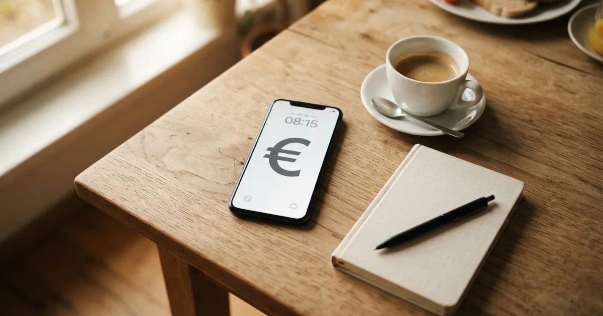 Ein Smartphone mit dunklem Display liegt neben einer Kaffeetasse und einem Notizbuch auf einem Küchentisch.