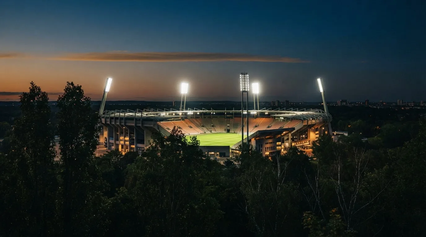 Ein Stadion unter Flutlicht aus großer Entfernung, davor die Silhouetten von Bäumen im Abendhimmel.