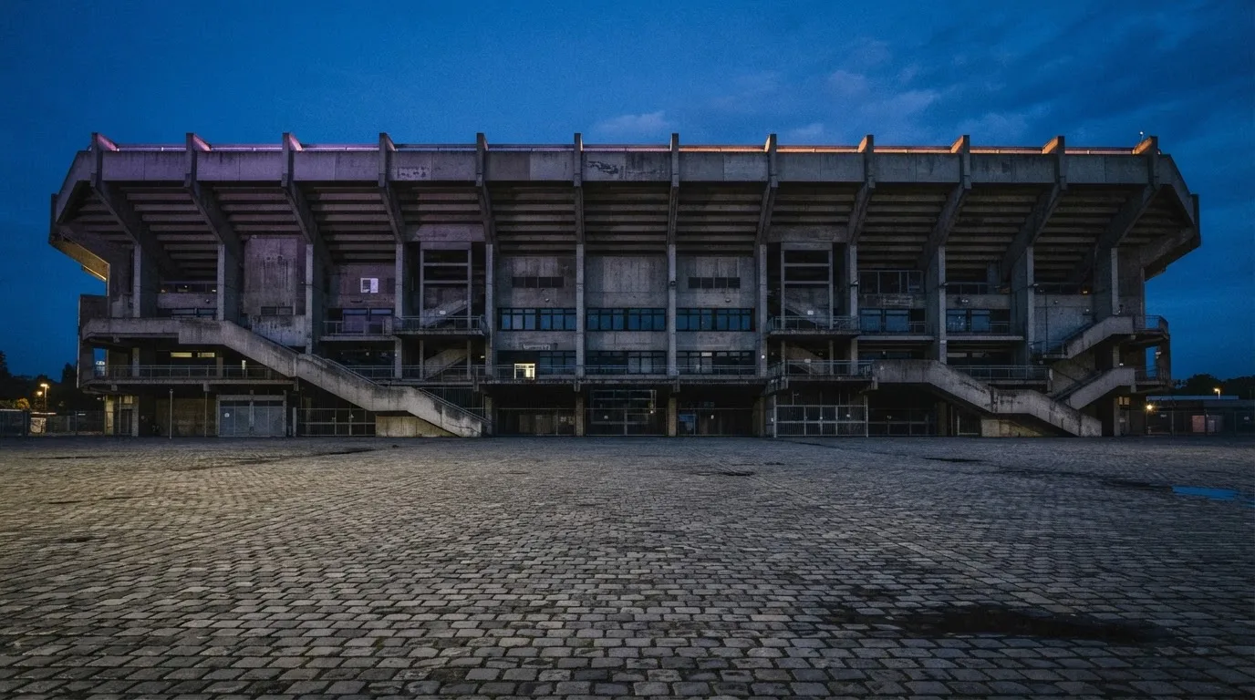 Die Rückseite einer Tribüne bei Dämmerung, davor ein menschenleerer Vorplatz mit Pflastersteinen.